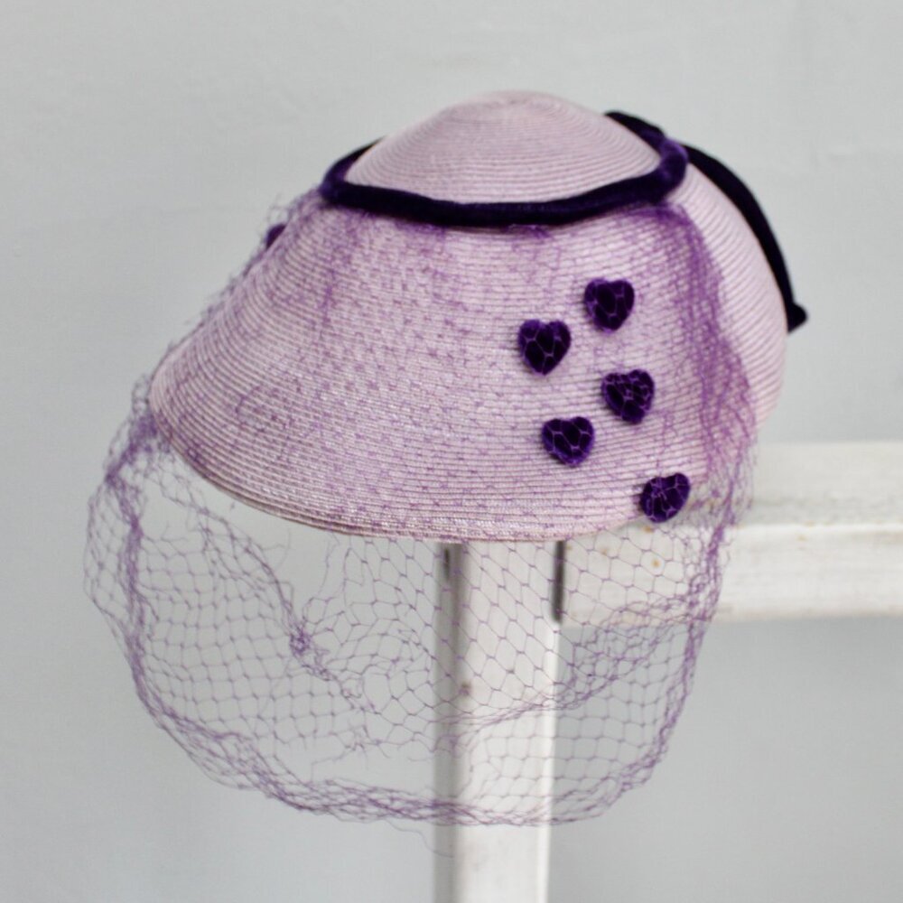 Vintage 1950's Lilac Woven Purple Heart Velvet Birdcage Veil Headpiece Hat